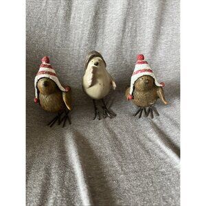 Holiday Christmas Bird Figurines w/Red  Winter Hats & Wire Feet 5" - Set of 3